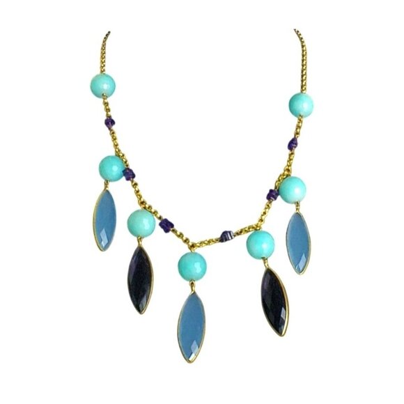 Faceted Amethyst & Blue Chalcedony,  Amazonite Stone,  Gold-Tone Necklace - Picture 5 of 6